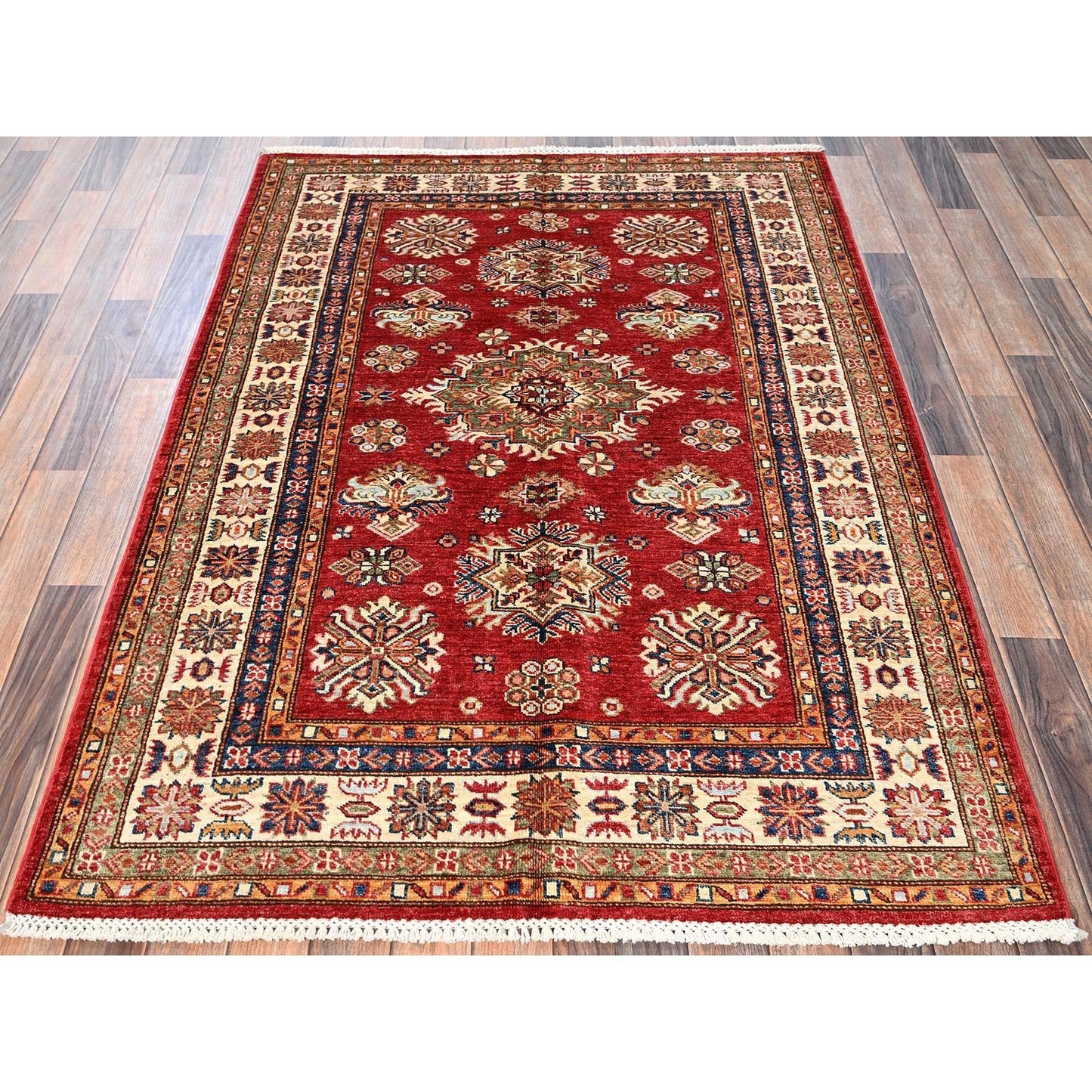 4'3"x6' Red Afghan Super Kazak Medallions Design Hand Knotted Wool Rug