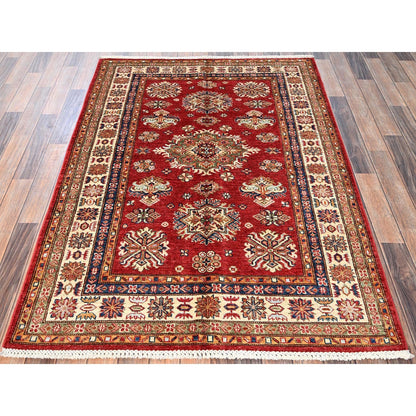 4'3"x6' Red Afghan Super Kazak Medallions Design Hand Knotted Wool Rug