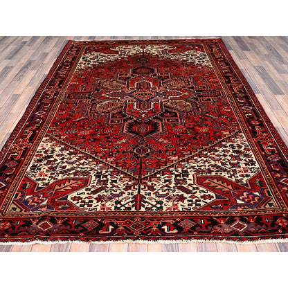 6'7"X9'3" Vivid Auburn Red Hand Knotted Vintage Wool Heris Oriental Rug
