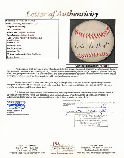 Waite Hoyt Hof Signed/Auto Wilson Official Size Baseball Yankees Jsa 191765