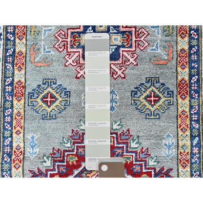 2'7"X9'3" Green Kazak With Geometric Design Wool Hand Knotted Runner Rug