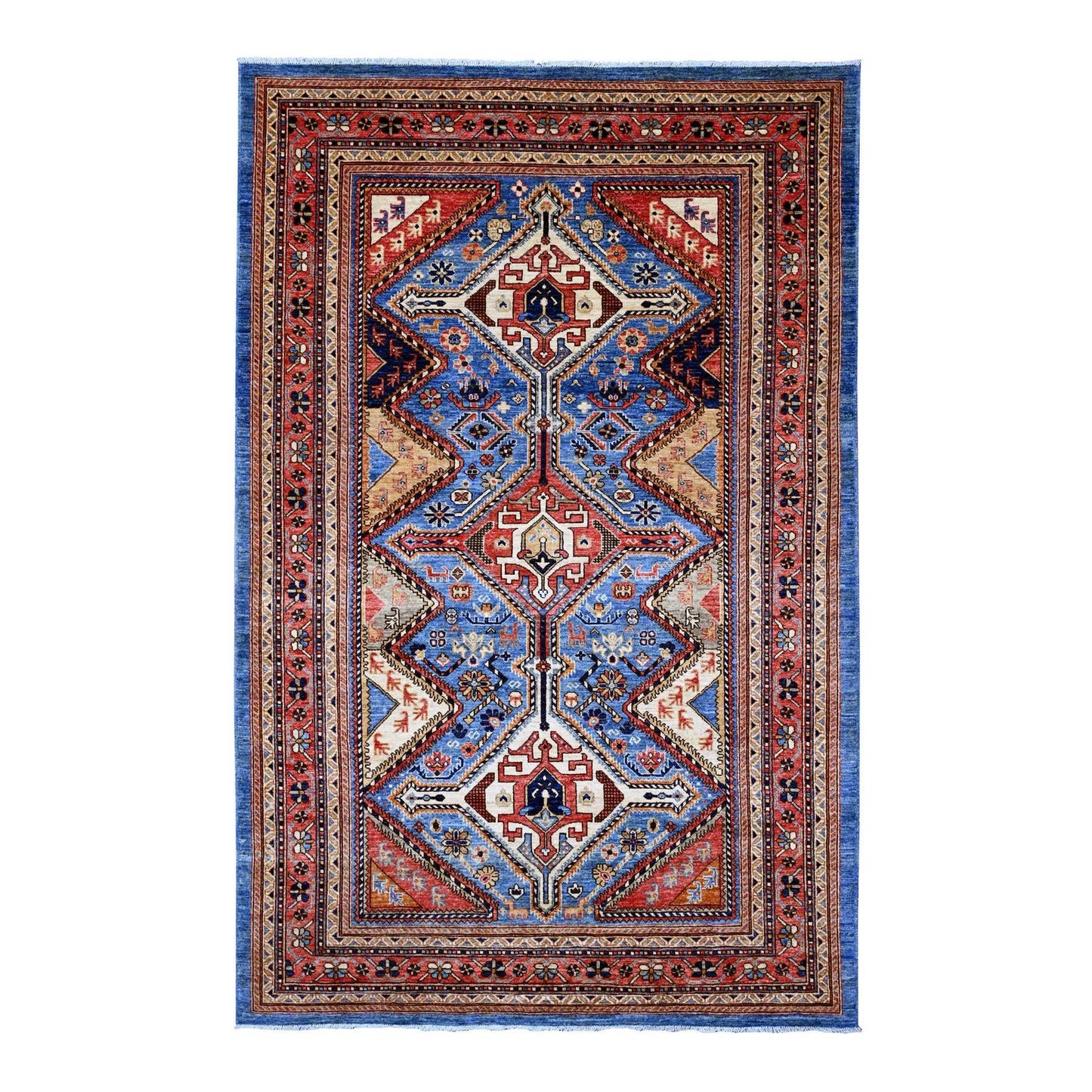 6'x9' Blue Qashqairaj Design Geometric Pattern Hand Knotted Wool Rug