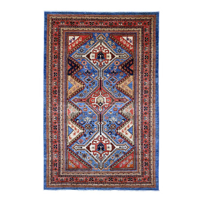 6'x9' Blue Qashqairaj Design Geometric Pattern Hand Knotted Wool Rug