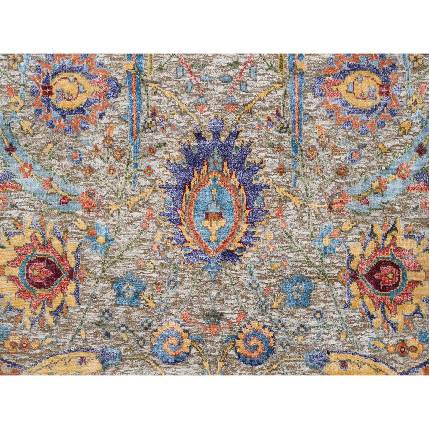 4'1"X10'3" Silk And Wool Hand Knotted Tan Sickle Design Wide Runner Rug