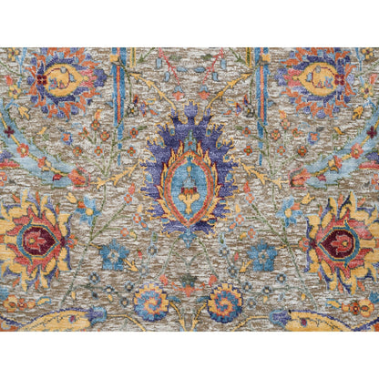 4'1"X10'3" Silk And Wool Hand Knotted Tan Sickle Design Wide Runner Rug