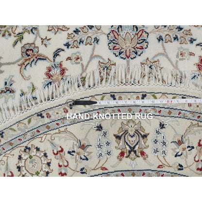 6'X6' Ivory Hand Knotted Nain With Flower Pattern Wool And Silk Round Rug