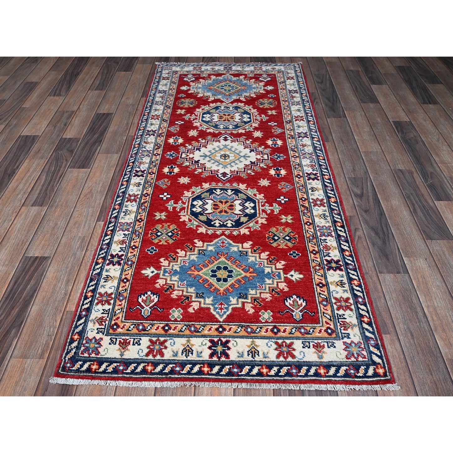 2'9"X6'7" Red Kazak With Medallions Design All Wool Hand Knotted Runner Rug