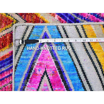 2'X3' Colorful Chevron Design Sari Silk With Text Wool Hand Knotted Rug