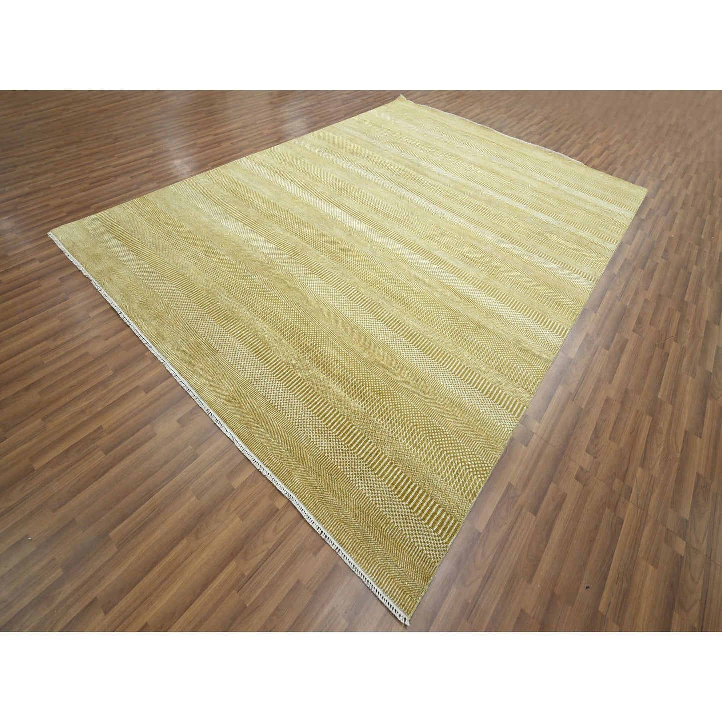 9'X12'3" Cumin Brown Modern Grass Design Hand Knotted Wool And Silk Rug