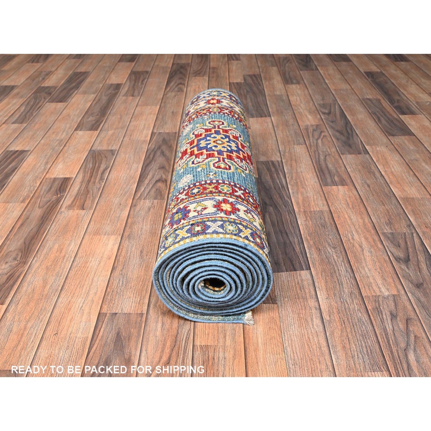 2'9"X12'3" Blue Kazak With Geometric Design Hand Knotted Rug Wool Runner