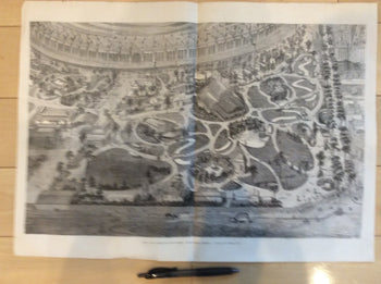 1867 Paris Exposition Wood Engraving Panorama Belgian Quarter & Gardens Ciceri