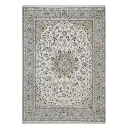 8'7"X12' Ivory Wool And Silk Nain Medallion Design Hand Knotted Rug
