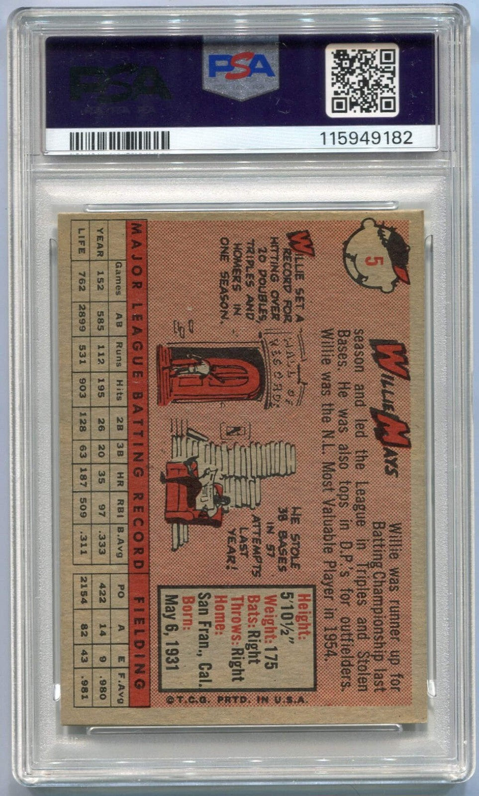 Willie Mays 1958 Topps Card #5 Psa Graded 5