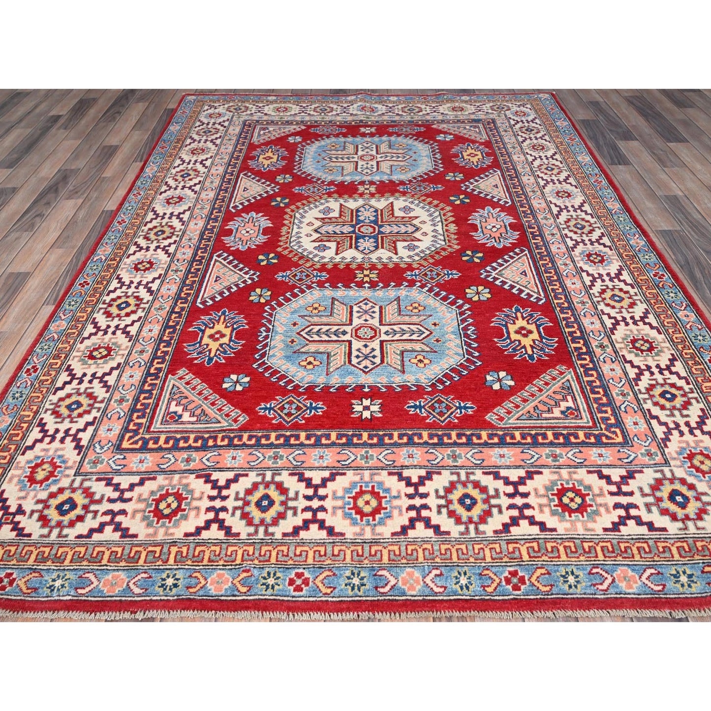 6'X8'9" Toreador Red Hand Knotted Wool Kazak Large Elements Oriental Rug