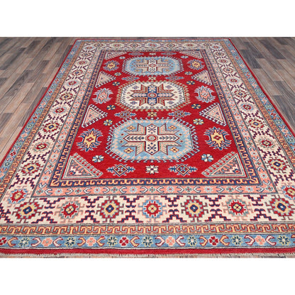 6'X8'9" Toreador Red Hand Knotted Wool Kazak Large Elements Oriental Rug