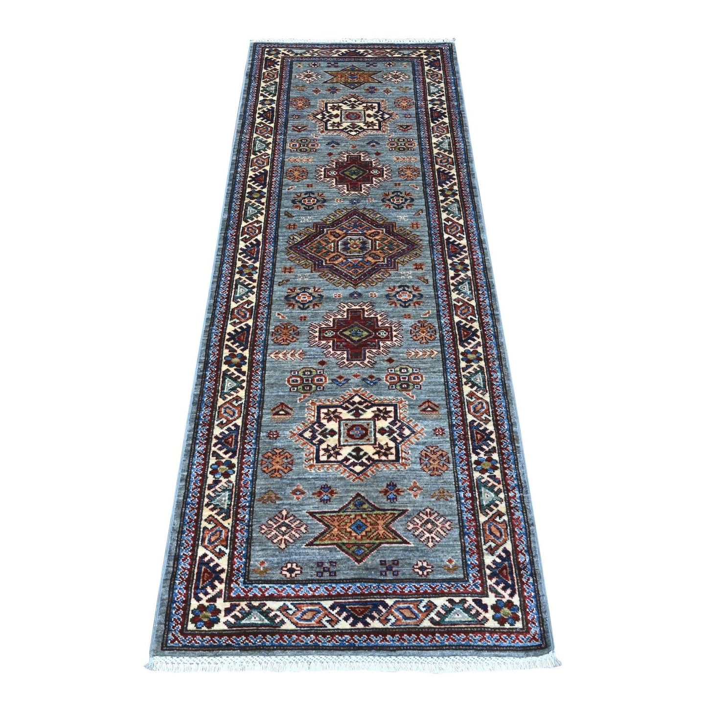 2'5"X6'10" Gray Hand Knotted Super Kazak Medallions Wool Oriental Rug