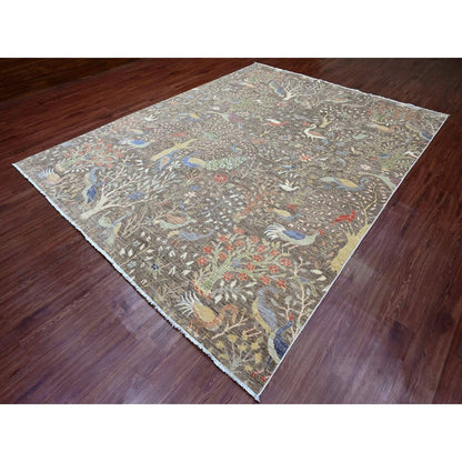 9'1"X11'9" Brown Afghan Peshawar Birds Design Soft Wool Hand Knotted Rug
