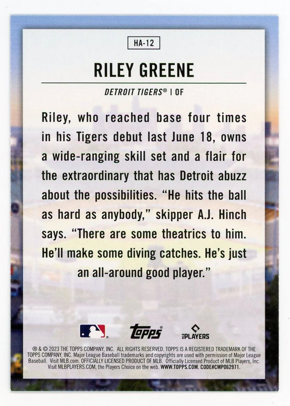 Riley Greene 2023 Topps Home Field Advantage #Ha-12 Card