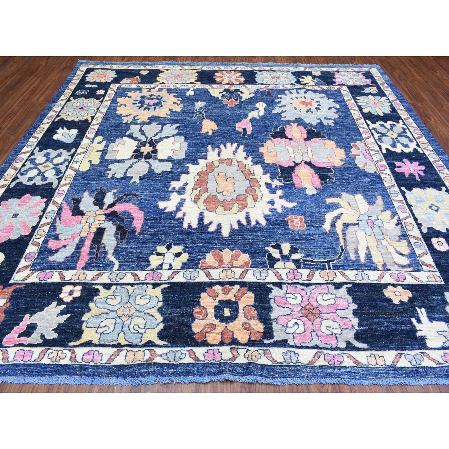 10'3"X10'3" Blue Hand Knotted Afghan Angora Oushak Soft Wool Square Rug