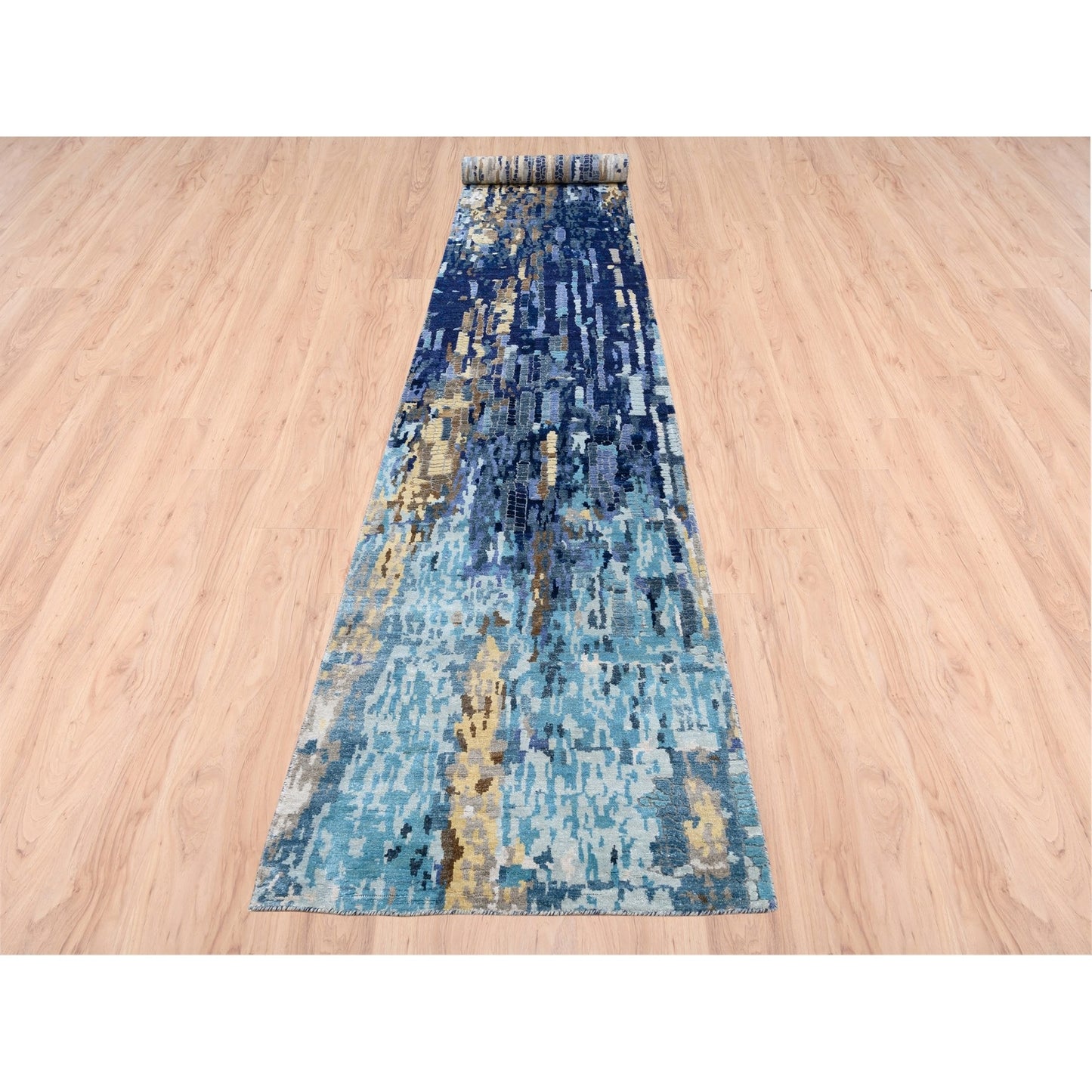 2'7"X19'7" Blue Mosaic Design Wool And Silk Hand Knotted Xl Runner Rug
