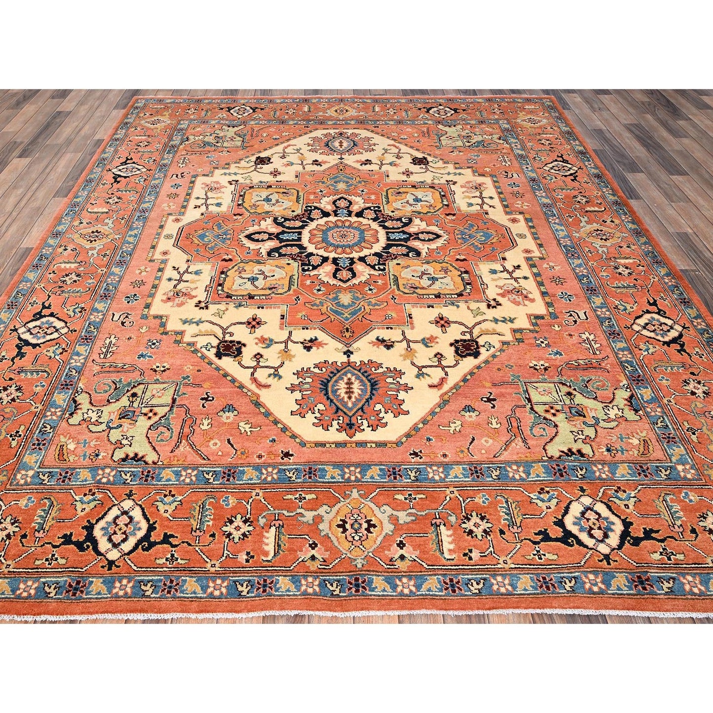 8'X9'7" Orange Afghan Peshawar Seeripe Heris Design Hand Knotted Wool Rug