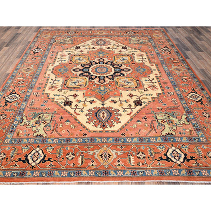 8'X9'7" Orange Afghan Peshawar Seeripe Heris Design Hand Knotted Wool Rug