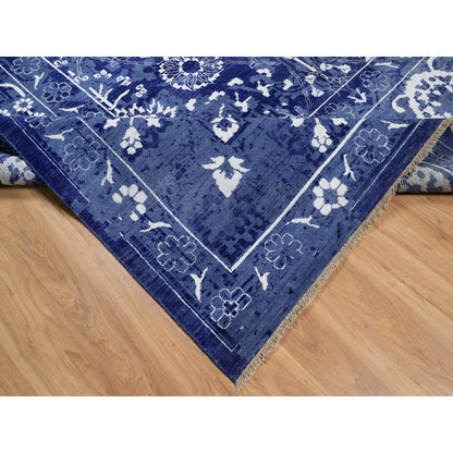9'10"X14' Blue Tebraz With Leaf Design Hand Knotted Wool And Silk Rug