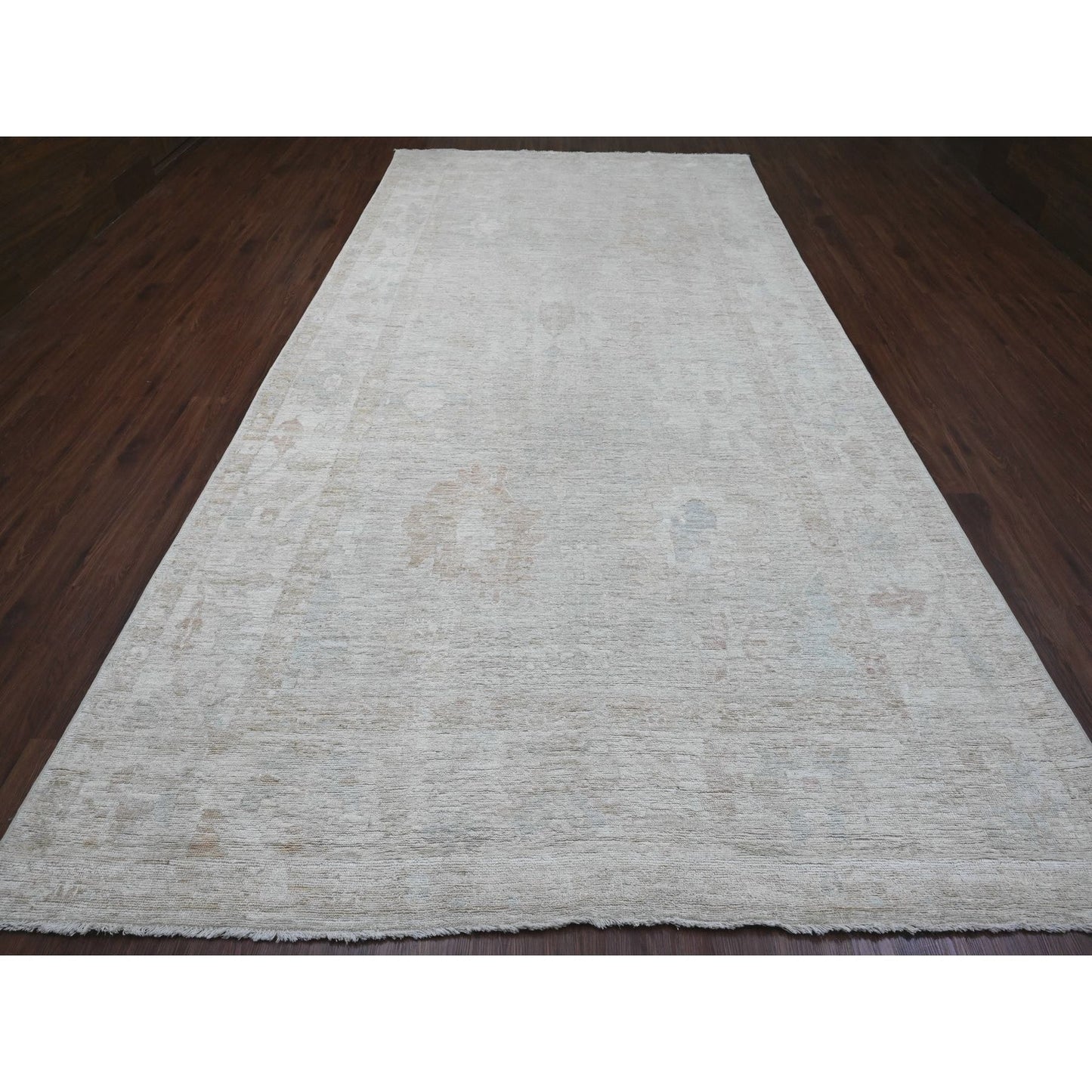 7'8"X14'10" Cloud Gray Hand Knotted Afghan Angora Oushak Wool Runner Rug