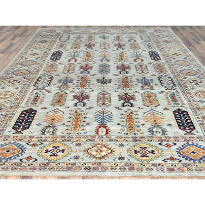 10'X14' Silver Blue Pure Wool Hand Knotted Afghan Super Kazak Rug