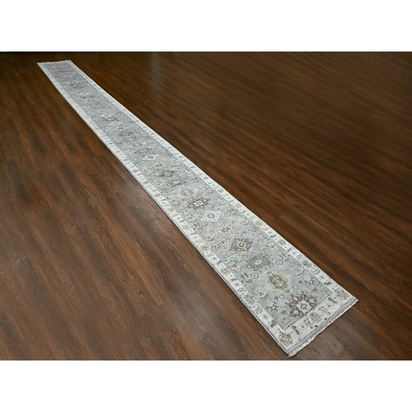 2'7"X27'9" Gray Karjihooz Geometric Design Hand Knotted Wool Runner Rug