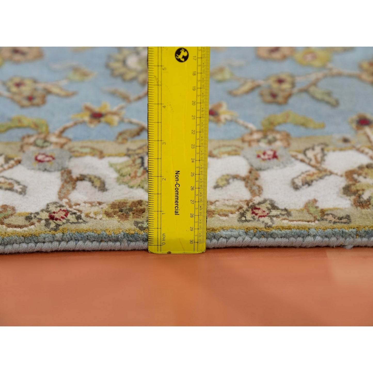 3'X12'2" Blue Hand Knotted Rajasthan Leaf Design Wool And Silk Runner Rug