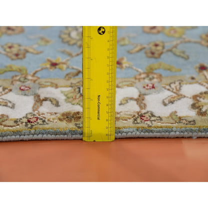 3'X12'2" Blue Hand Knotted Rajasthan Leaf Design Wool And Silk Runner Rug