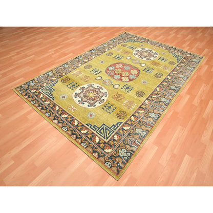 6'1"X9'4" Yellow Khotan Influence Distressed Hand Knotted 100% Wool Rug