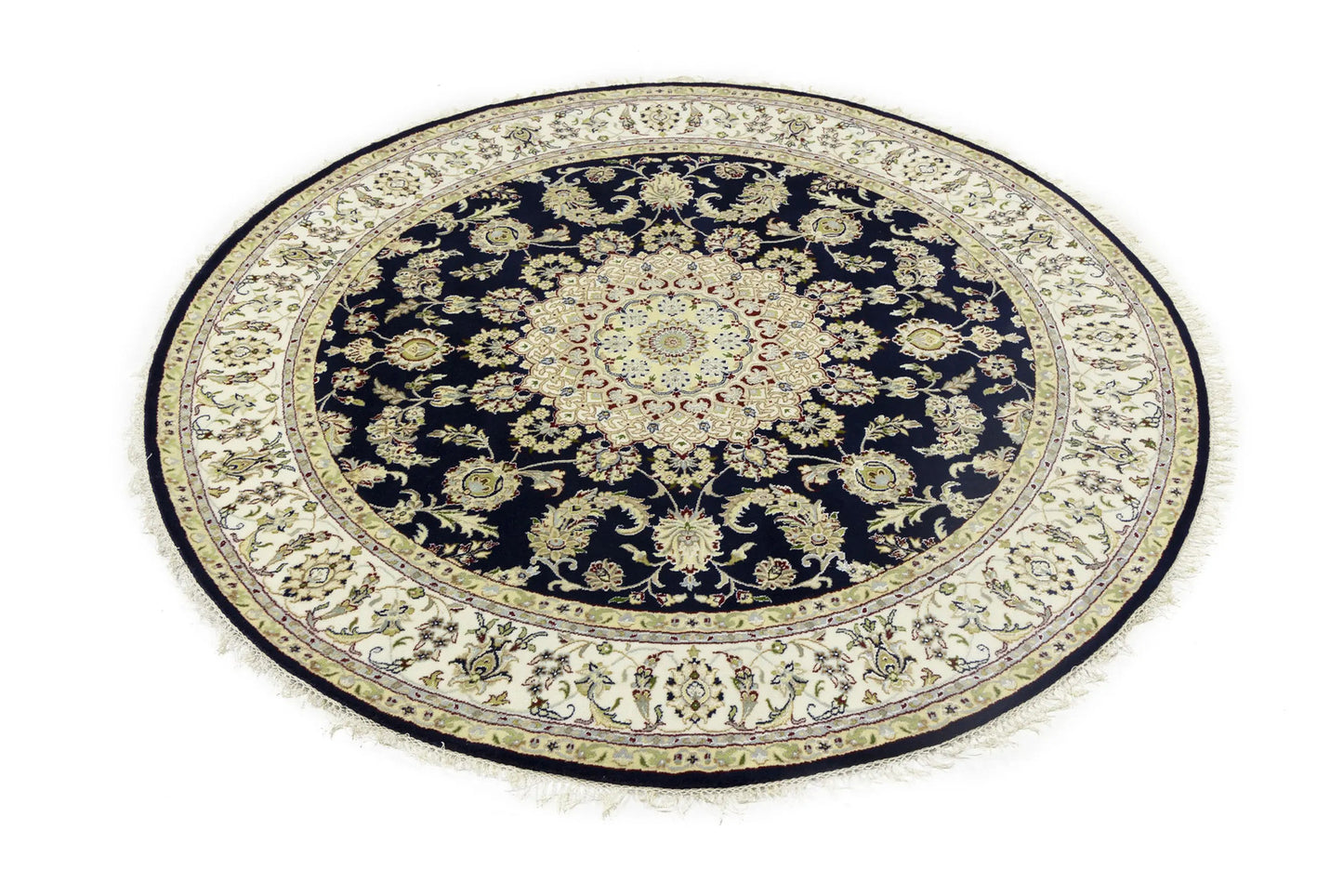 7X7 ft Round Indo-Nain Oriental Rug Handmade Dark Navy Floral Classic Carpet
