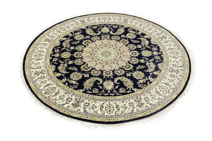 7X7 ft Round Indo-Nain Oriental Rug Handmade Dark Navy Floral Classic Carpet