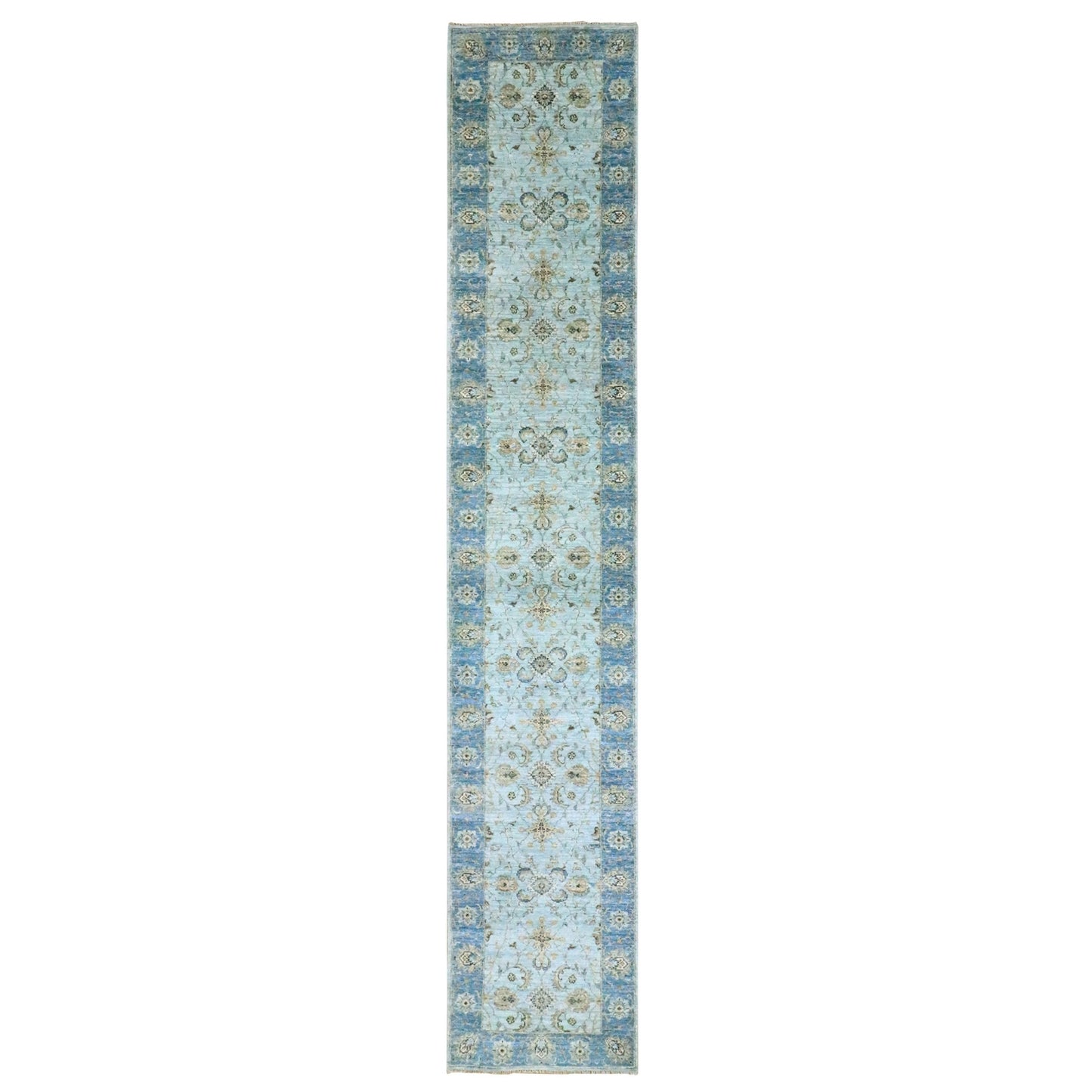 2'6"X14' Blue Shah Abbas Flower Design Pure Wool Hand Knotted Runner Rug