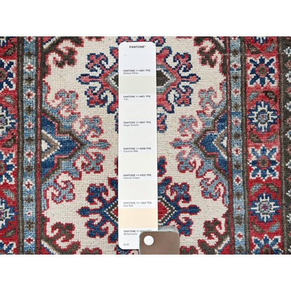 1'10"X6' Ivory Kazak With Tribal Design Hand Knotted Soft Wool Runner Rug