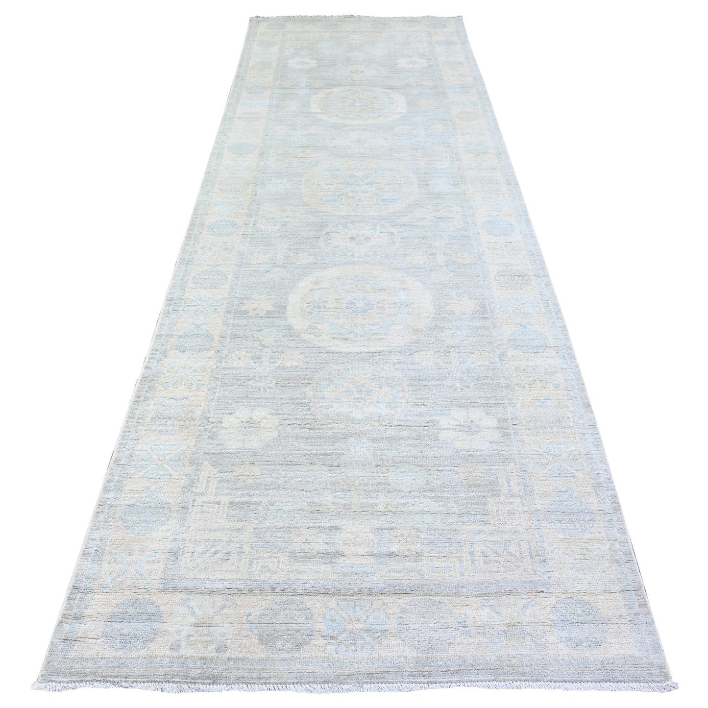 4'X12'2" Gray White Wash Peshawar Wool Hand Knotted Runner Oriental Rug