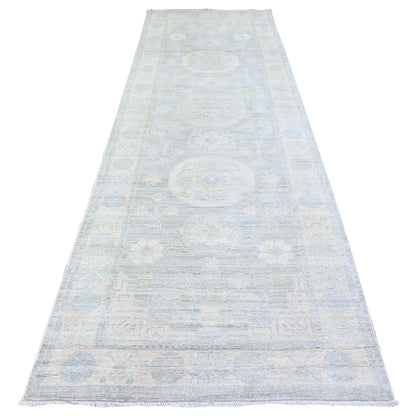 4'X12'2" Gray White Wash Peshawar Wool Hand Knotted Runner Oriental Rug
