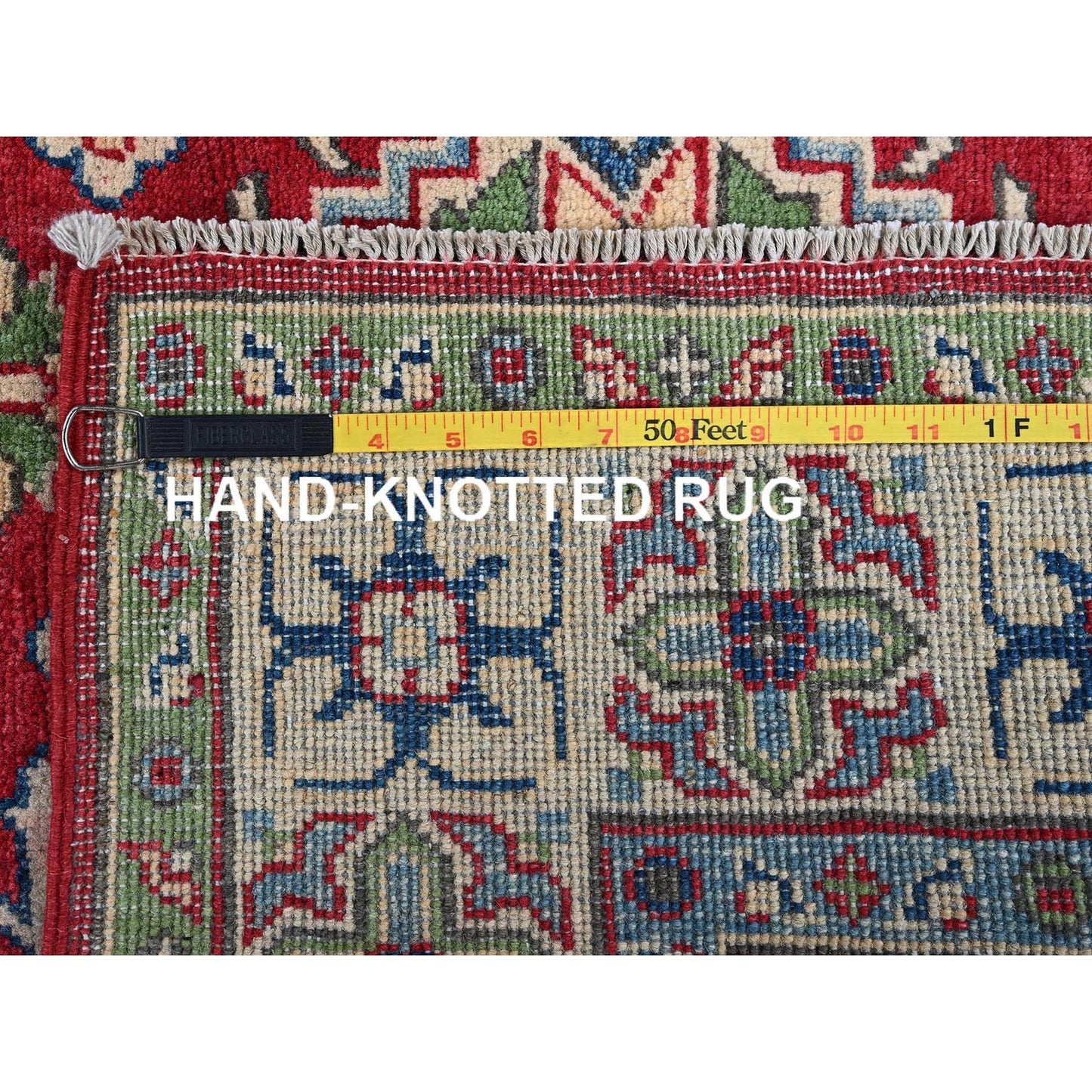 4'X6' Crimson Red Kazak With Tribal Motifs Hand Knotted Pure Wool Rug