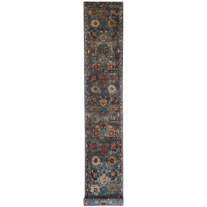 2'7"X21'5" Stone Blue All Over Design Soft Wool Hand Knotted Xl Runner Rug