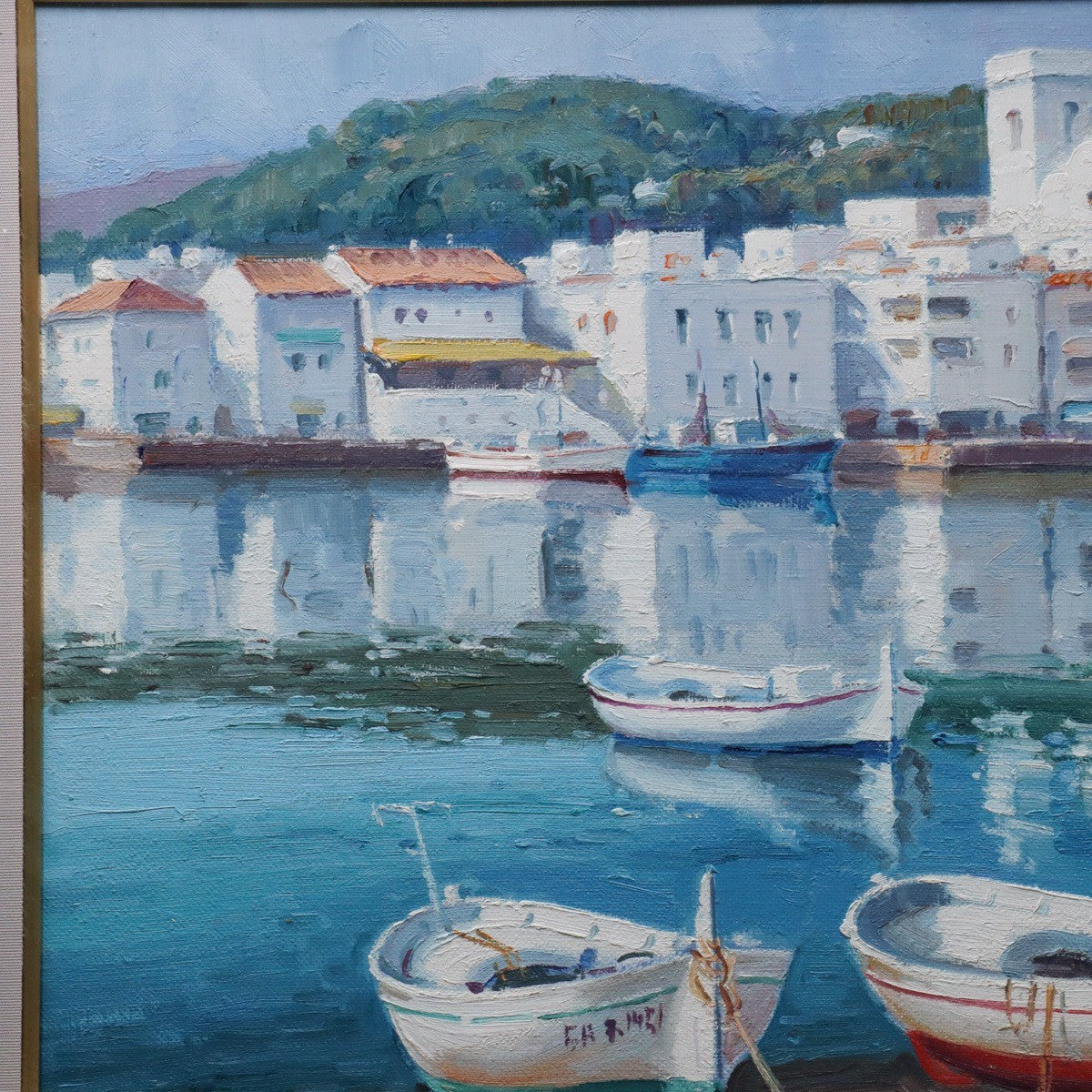 Agustin Pardo Original Oil Painting Sunday Silence Boats Harbor Spain F6 Framed