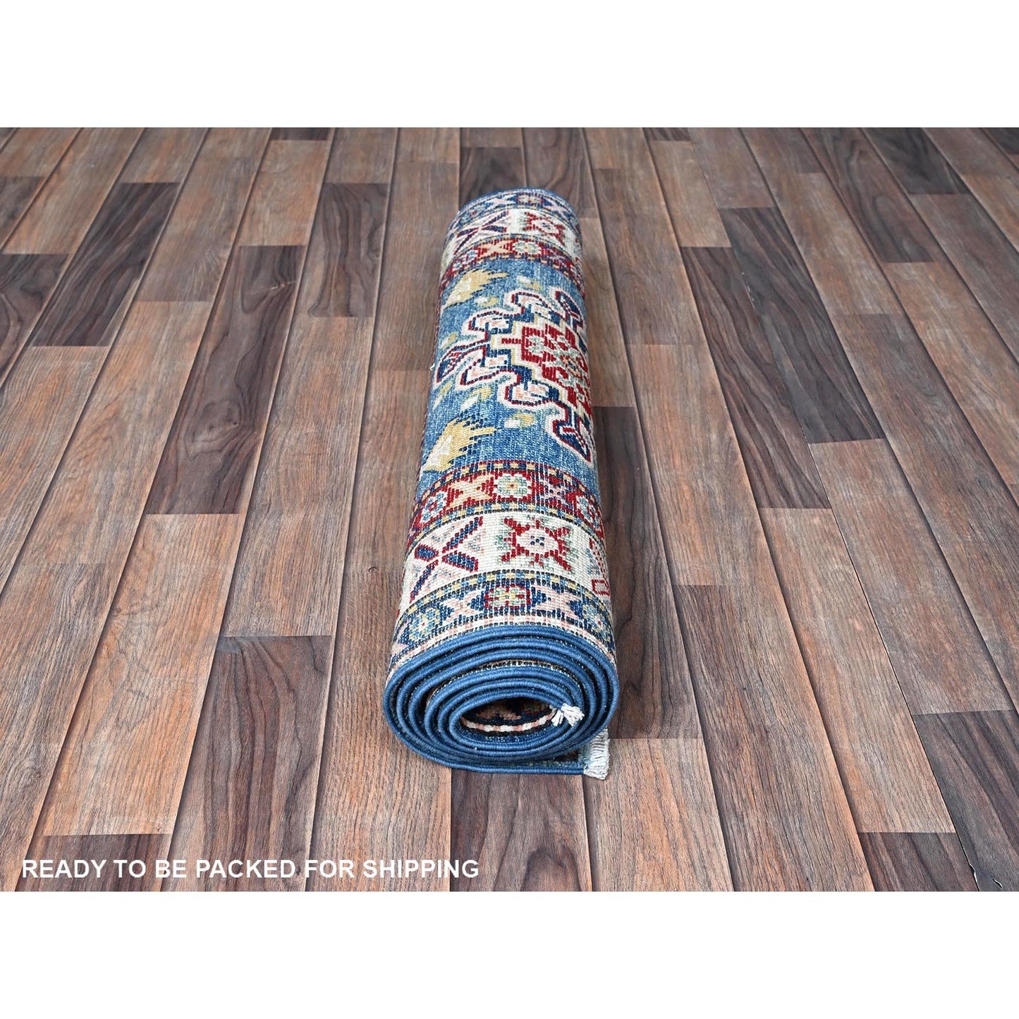 2'7"X6'7" Blue Kazak With Tribal Design Hand Knotted Soft Wool Runner Rug