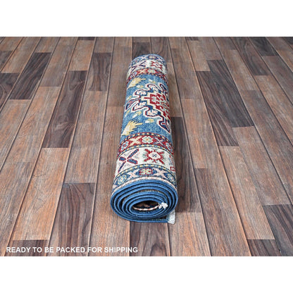 2'7"X6'7" Blue Kazak With Tribal Design Hand Knotted Soft Wool Runner Rug
