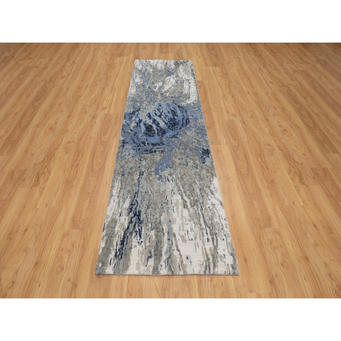 2'7"X10'2" Yale Blue Abstract Design Wool & Silk Hand Knotted Runner Rug