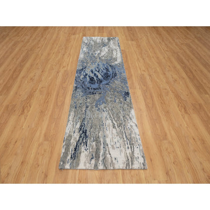 2'7"X10'2" Yale Blue Abstract Design Wool & Silk Hand Knotted Runner Rug