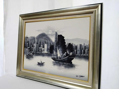 W Chan - Hong Kong Victoria Harbour Original Painting Oil On Canvas Signed