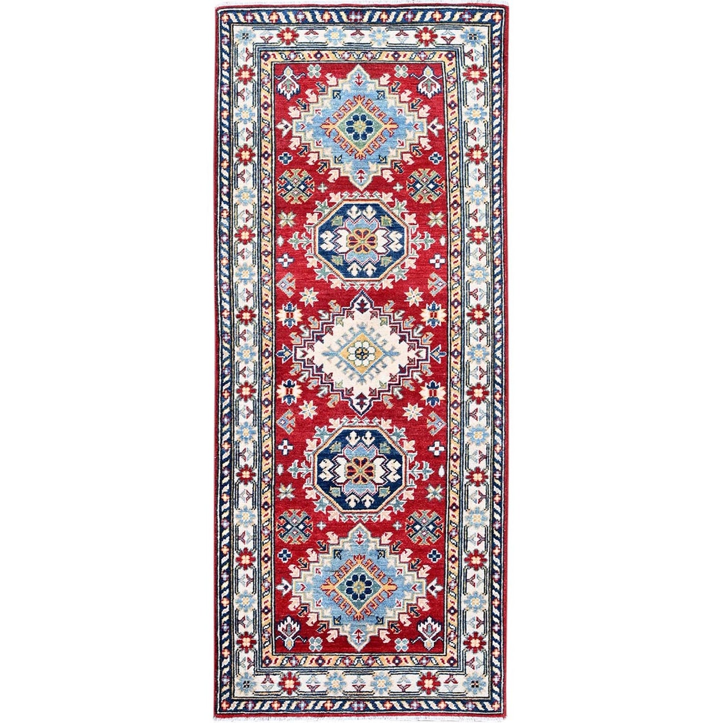 2'8"X6'7" Red Kazak With Geometric Design Soft Wool Hand Knotted Runner Rug