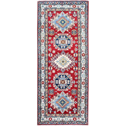 2'8"X6'7" Red Kazak With Geometric Design Soft Wool Hand Knotted Runner Rug