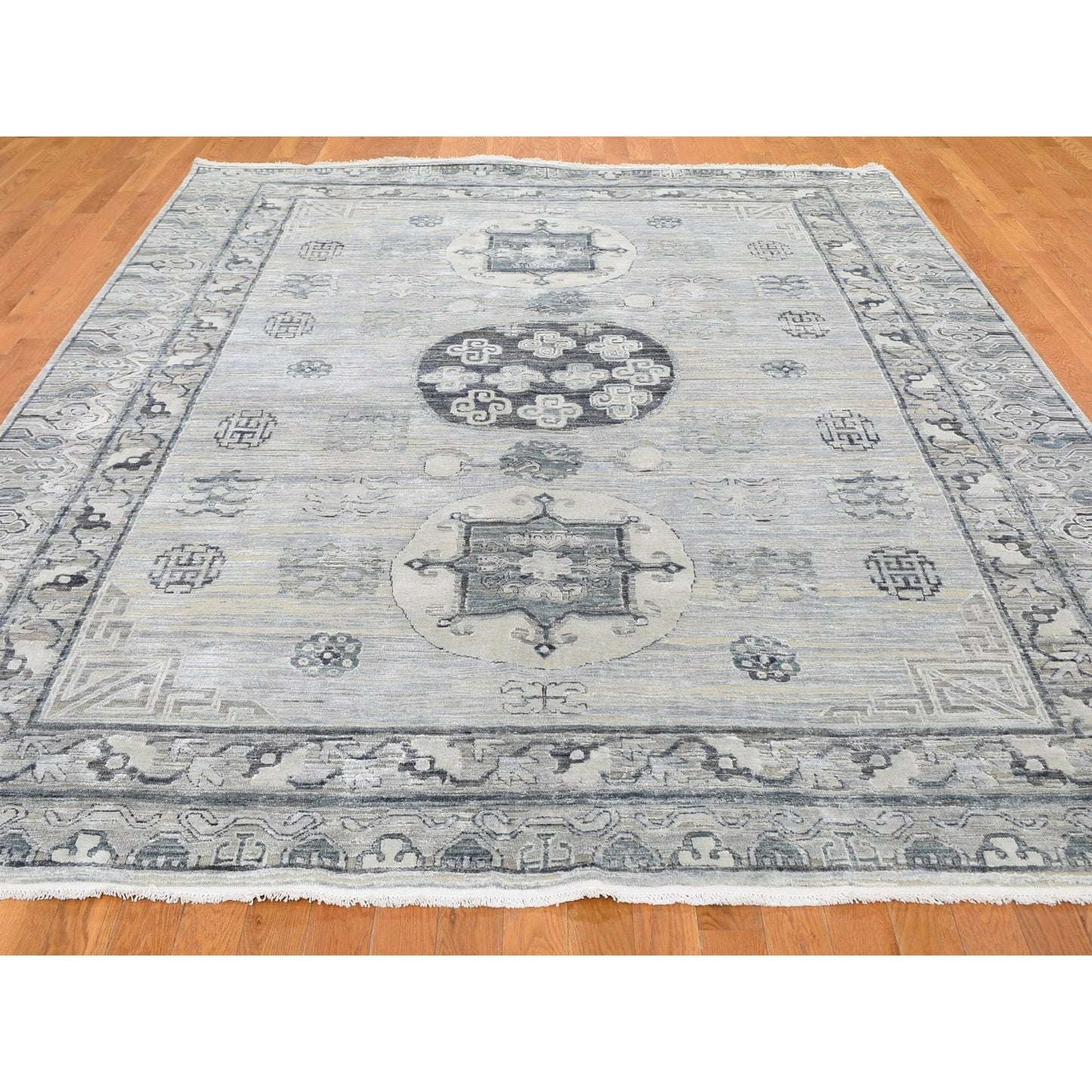 7'9"X9'10" Pure Silk With Textured Wool Khotan Design Hand Knotted Rug